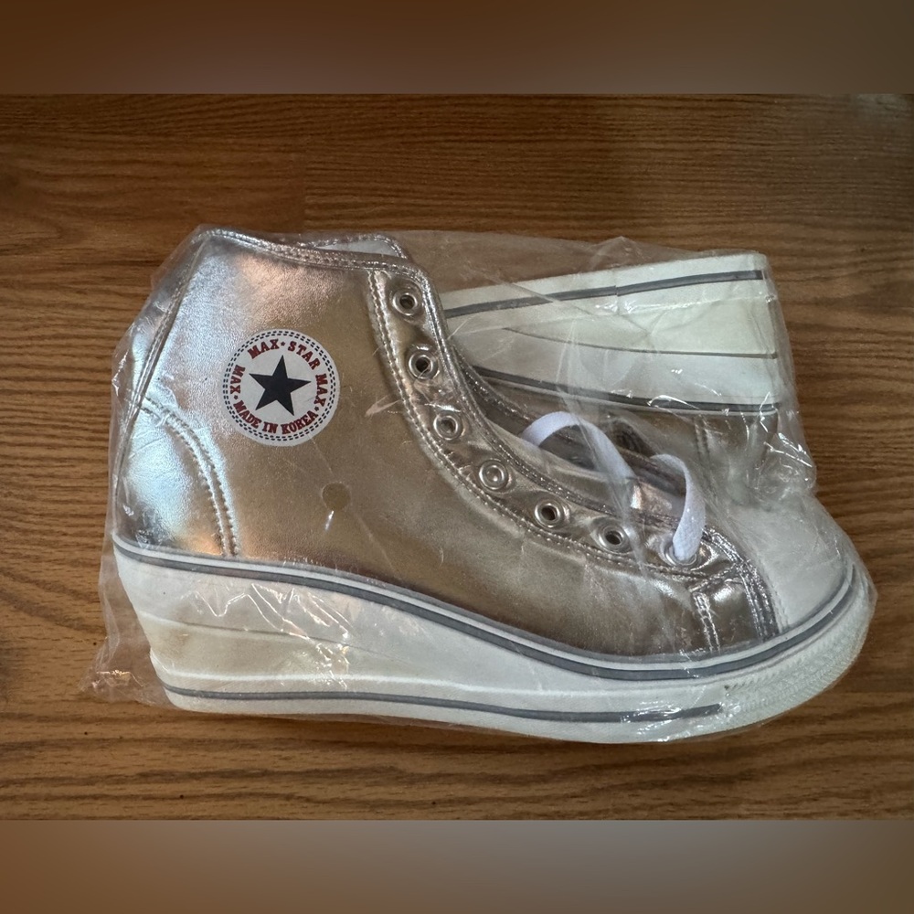 🆕 [Maxstar] Women's Zipper Low Wedge Heel Silver High Top Sneakers Sz: 8 - Picture 2 of 9